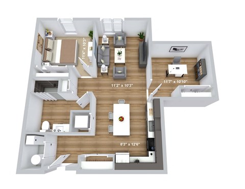 a 3d floor plan of a house with a wood floor